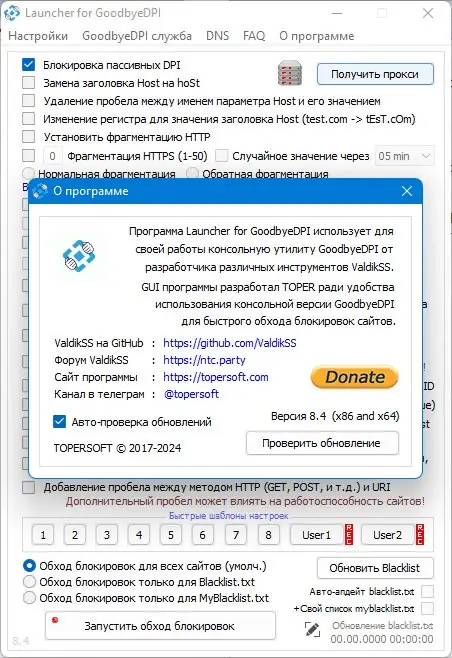 Пользовательсткй интерфейс GoodbyeDPI 0.2.3rc1 Launcher 8.4 [Ru En] (Разблокировка YouTube)
