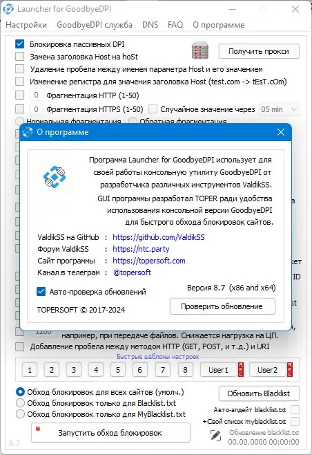 Пользовательсткй интерфейс GoodbyeDPI 0.2.3rc3-2 Launcher 8.7 [Ru En]