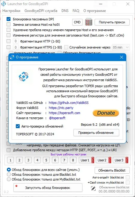 Пользовательсткй интерфейс GoodbyeDPI 0.2.3rc3 Launcher 9.2 [Ru En]