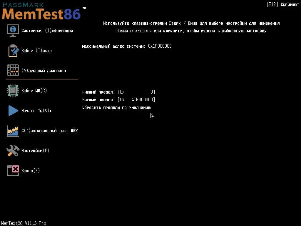 Пользовательсткй интерфейс MemTest86 Pro 11.3 Build 1000 RePack by Taciturn [Multi Ru]