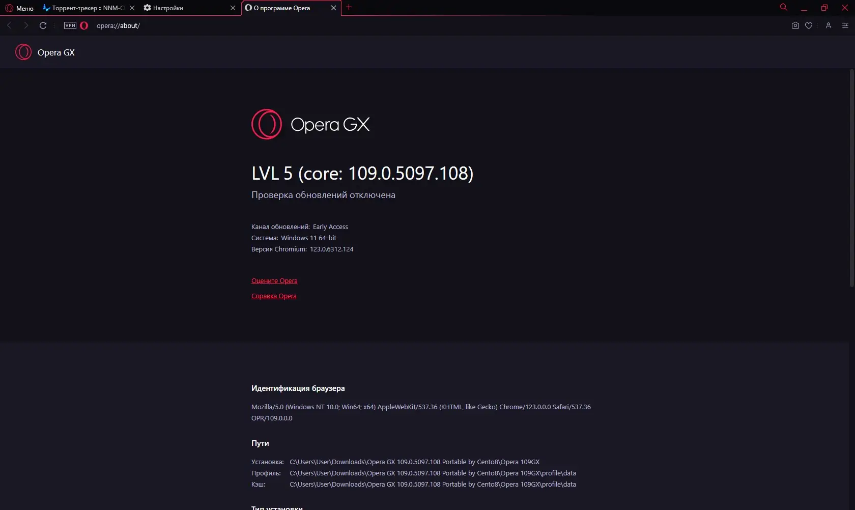 Пользовательсткй интерфейс Opera GX 109.0.5097.108 Portable by Cento8 [Ru En]