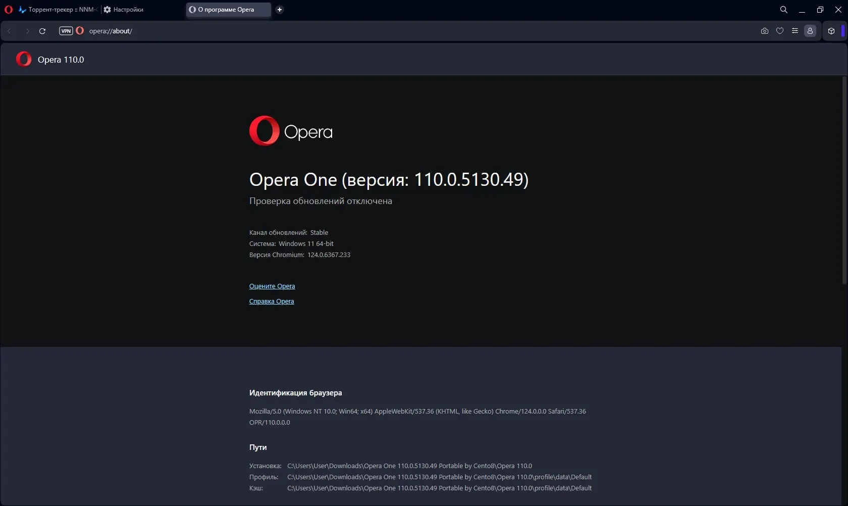 Пользовательсткй интерфейс Opera One 110.0.5130.49 Portable by Cento8 [Ru En]