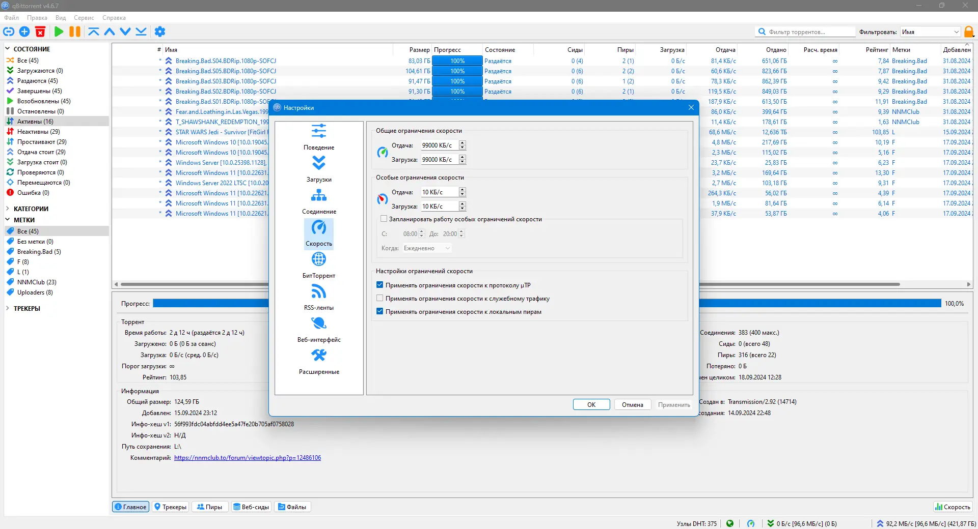 Пользовательсткй интерфейс qBittorrent 4.6.7 (x64) [Multi Ru]