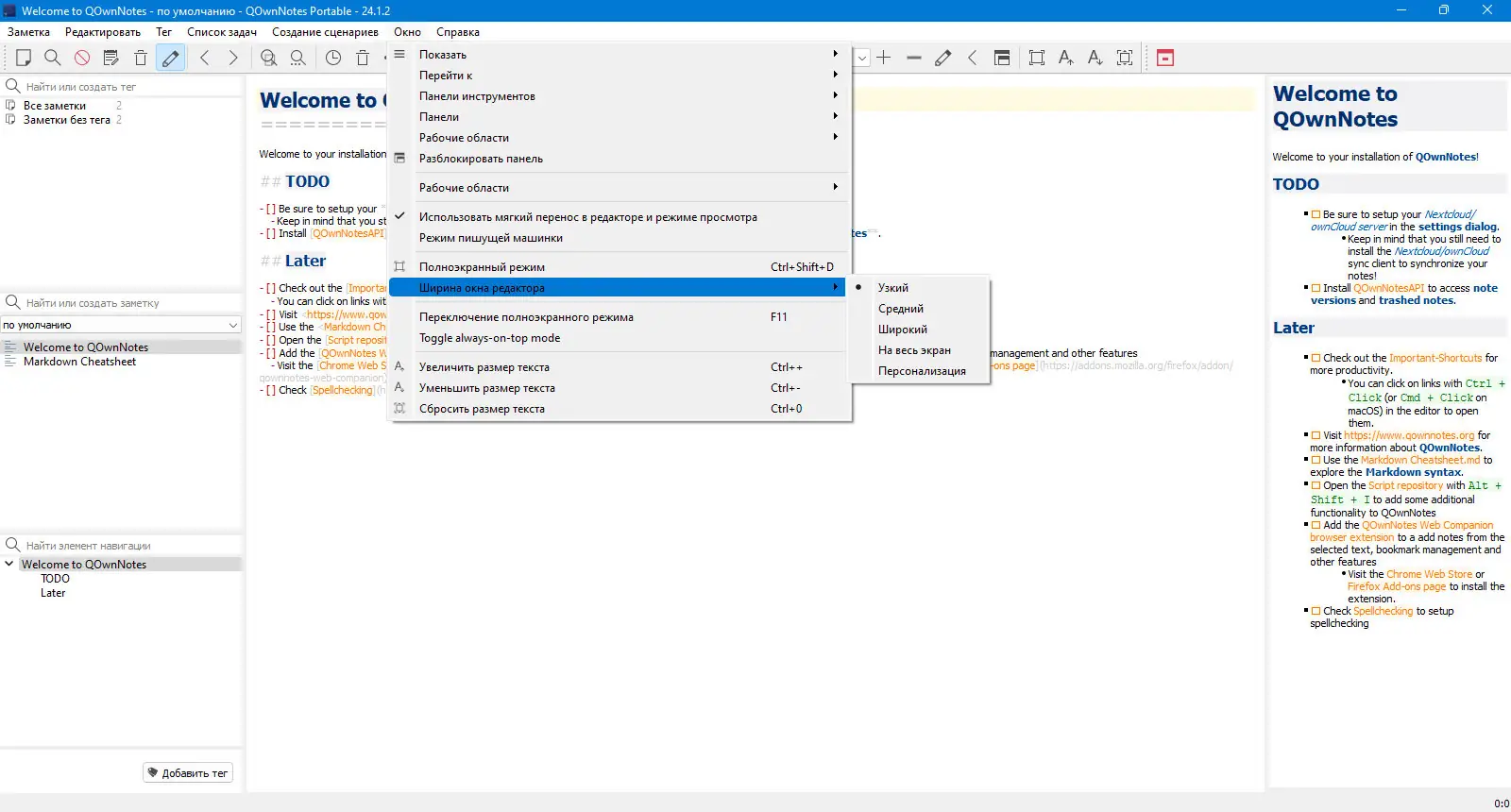 Пользовательсткй интерфейс QOwnNotes 24.1.2 Portable [Multi Ru]