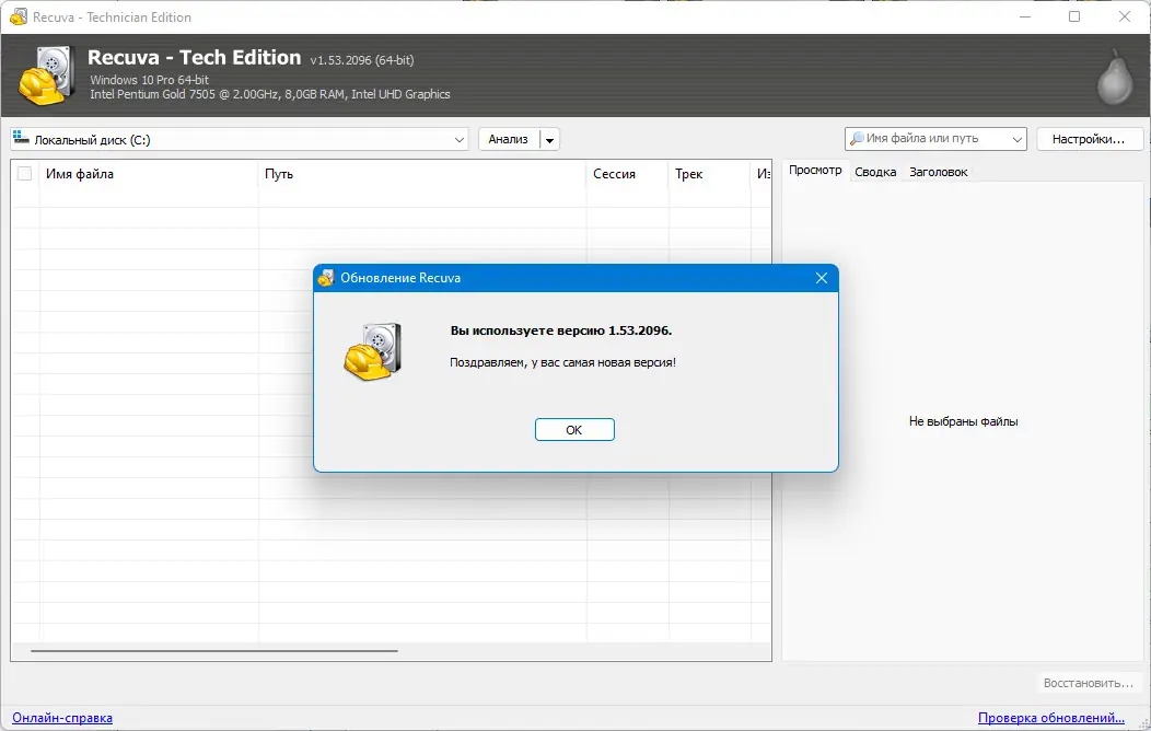 Пользовательсткй интерфейс Recuva Professional Business Technician 1.53.2096 [Multi Ru]