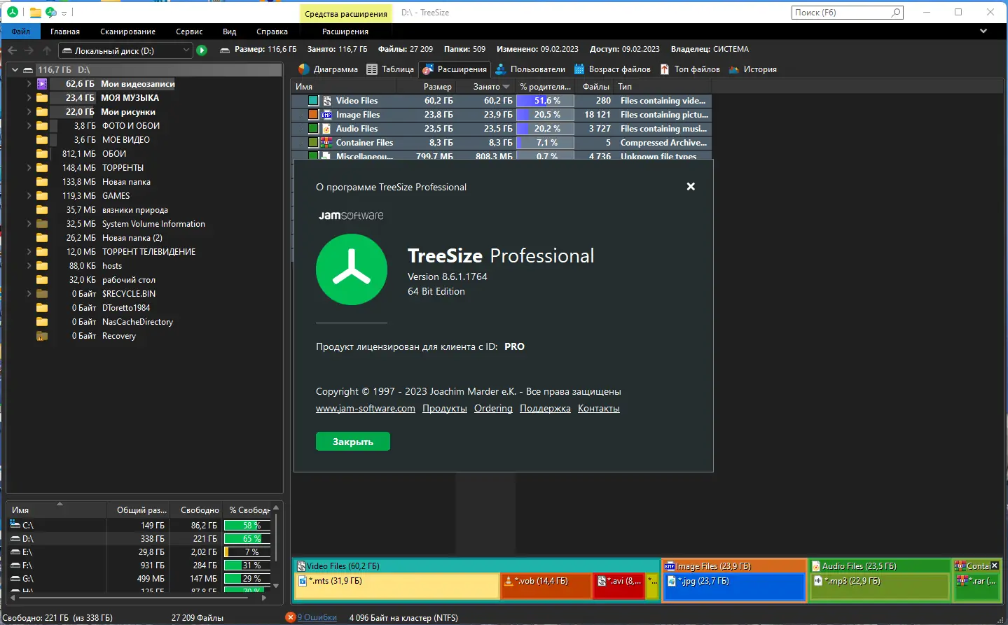 Пользовательсткй интерфейс TreeSize Professional 8.6.1.1764 (x64) Portable by FC Portables [Multi Ru]