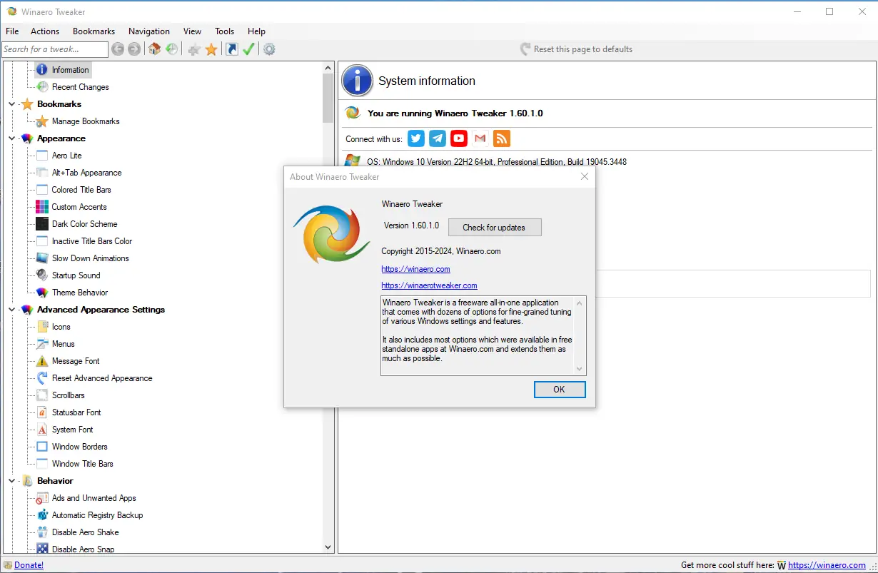 Пользовательсткй интерфейс Winaero Tweaker 1.60.1 + Portable [En]