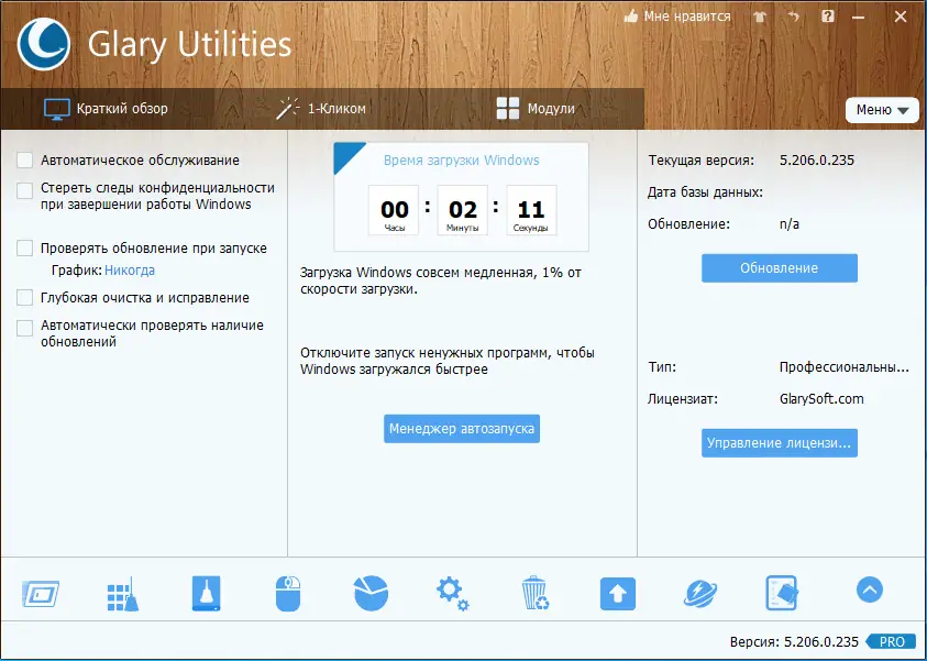 Программный интерфейс Glary Utilities Pro 5.206.0.235 RePack (& Portable) by TryRooM [Multi Ru]