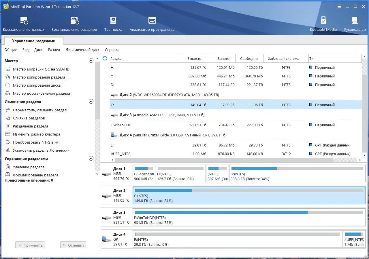 Программный интерфейс MiniTool Partition Wizard Technician 12.7 RePack by KpoJIuK [Multi Ru]