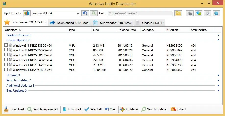 Программный интерфейс Windows Hotfix Downloader 8.1.1.0 (2014) Английский